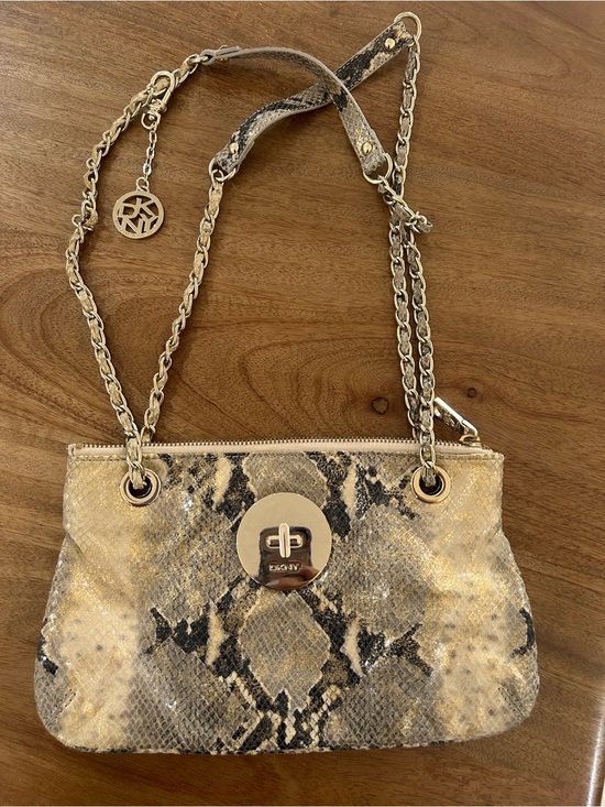 Dkny Handbags - Dkny Gold and Brown Snake-Print Chain Shoulder Bag
